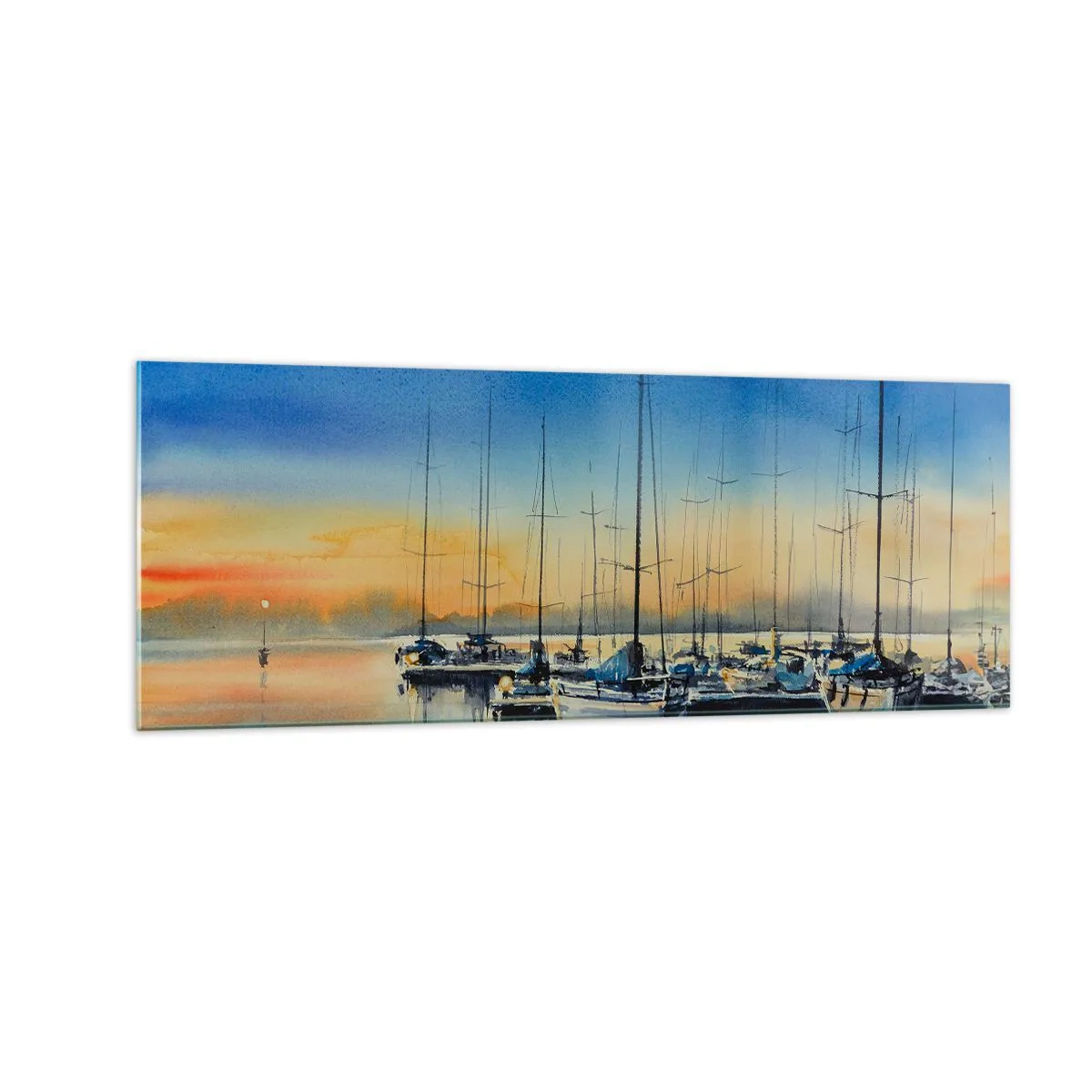 Glasbild - Bild auf glas - Yachthafen bei Sonnenuntergang mit Spiegelungen auf dem Wasser - 140x50cm - Ende eines guten Tages - Moderne Wanddekoration für Wohnzimmer und Schlafzimmer ARTTOR