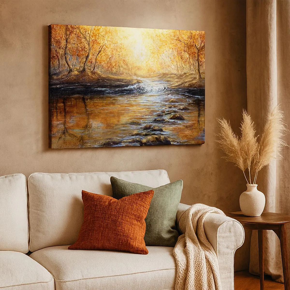 Bild auf Leinwand - Leinwandbild - Herbstlandschaft mit einem Fluss zwischen den Bäumen - 70x50cm - Der goldene Strom - Moderne Wanddekoration für Wohnzimmer und Schlafzimmer ARTTOR