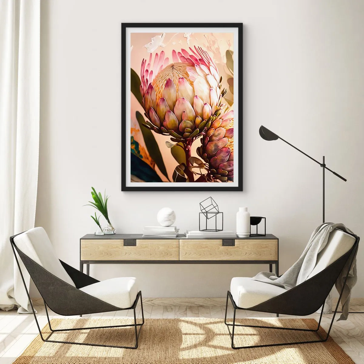 Poster in einem schwarzem Rahmen - Nahaufnahme einer Protea-Blume in warmen Farben - 50x70cm - Zärtlich umarmt - Moderne Wanddekoration für Wohnzimmer und Schlafzimmer ARTTOR