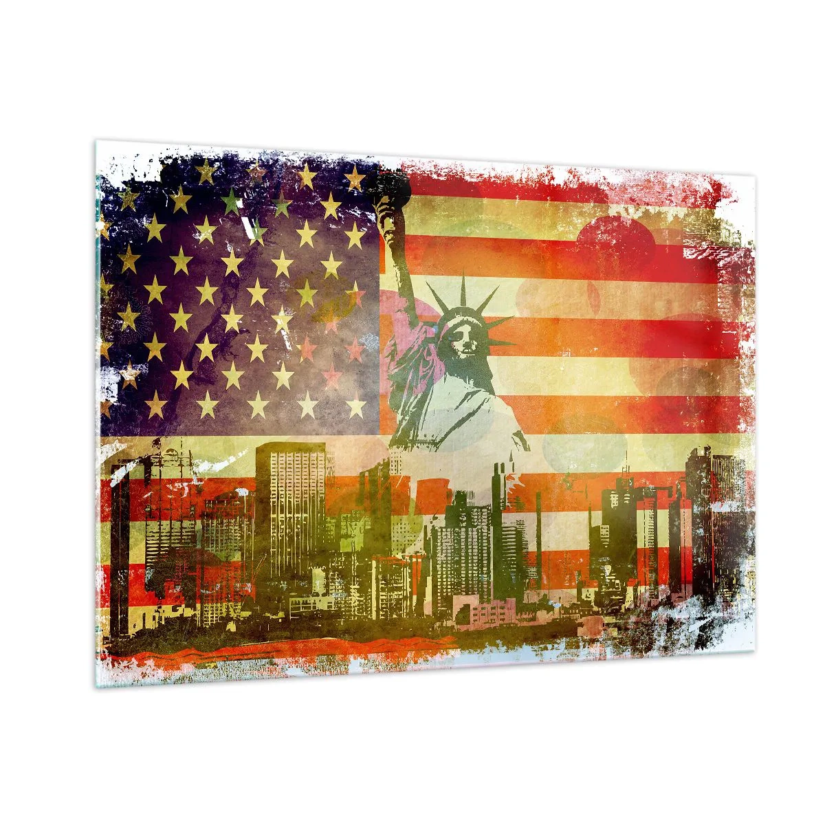 Glasbild - Bild auf glas - US-Flagge mit Silhouette der Freiheitsstatue und Stadtbild - 100x70cm - Viva Amerika! - Moderne Wanddekoration für Wohnzimmer und Schlafzimmer ARTTOR