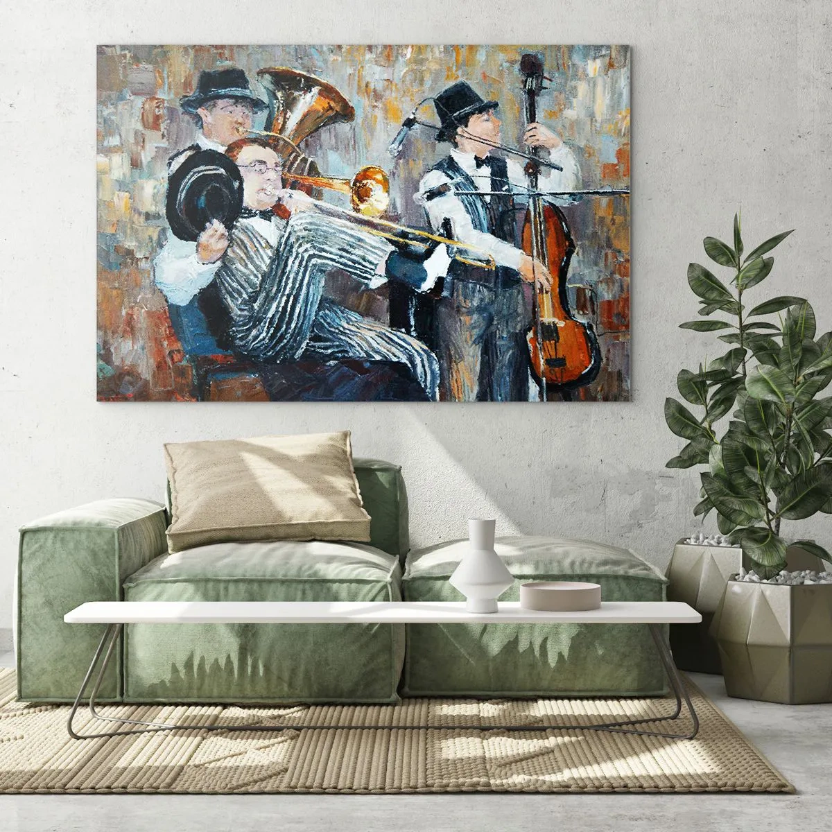 Glasbild - Bild auf glas - Eine Jazzband in einer stimmungsvollen impressionistischen Szene - 120x80cm - Der ganze Jazz - Moderne Wanddekoration für Wohnzimmer und Schlafzimmer ARTTOR