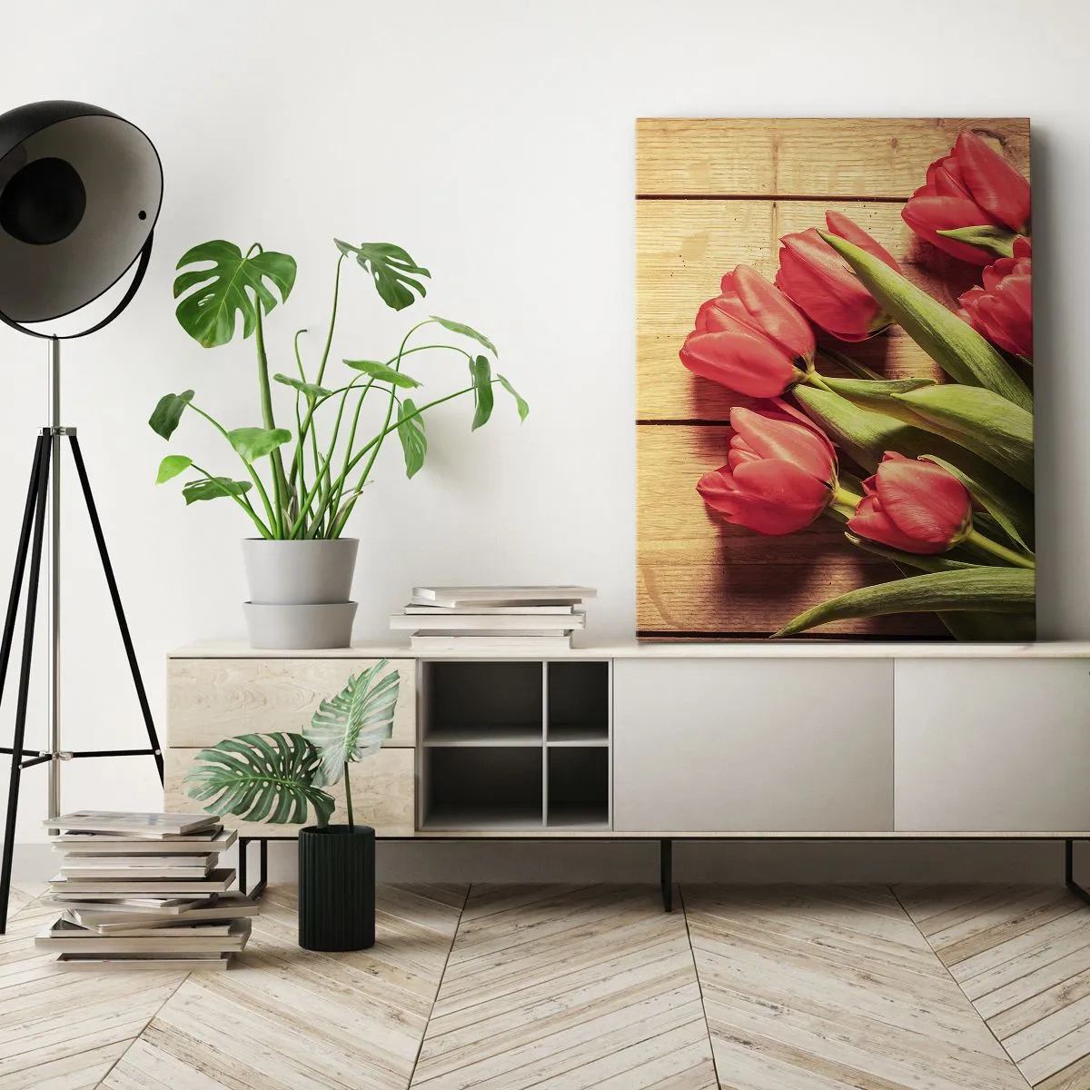 Bild auf Leinwand - Leinwandbild - Ein Strauß rosa Tulpen auf einem hölzernen Hintergrund - 70x100cm - Frühlingsgeständnis - Moderne Wanddekoration für Wohnzimmer und Schlafzimmer ARTTOR