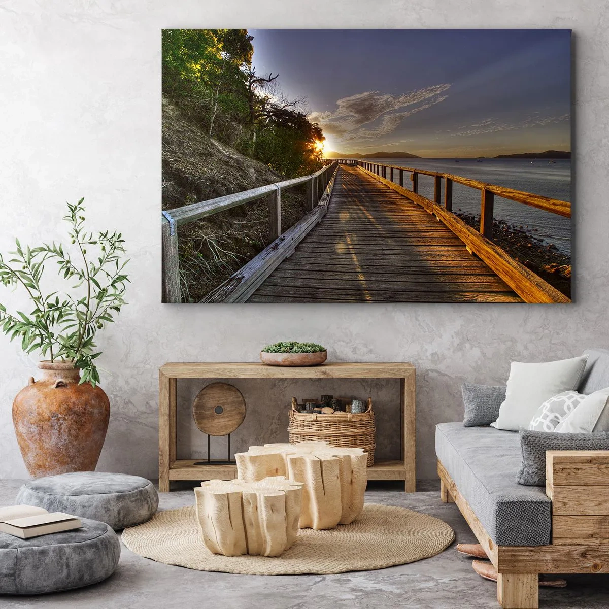 Bild auf Leinwand - Leinwandbild - Ein Holzsteg führt dem Sonnenuntergang über dem Wasser entgegen - 70x50cm - Gehen, weiter der Sonne entgegengehen - Moderne Wanddekoration für Wohnzimmer und Schlafzimmer ARTTOR