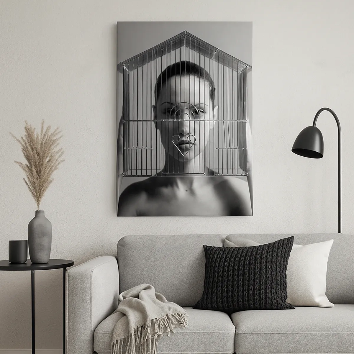 Bild auf Leinwand - Leinwandbild - Frau hinter einem Käfig im surrealen Stil - 50x70cm - Ein leicht surreales Portrait - Moderne Wanddekoration für Wohnzimmer und Schlafzimmer ARTTOR
