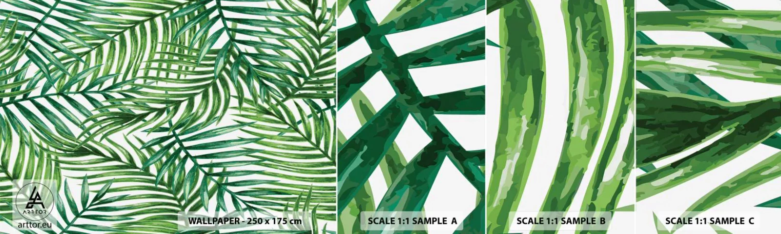 Fototapeten Muster Selbstklebend Deluxe Sticker - Unter dem grünen Baldachin - Abstraktion, Palmblatt, Kokusnuss-Palme - 100x30 cm