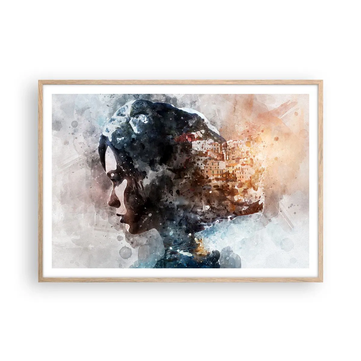 Poster in einem Rahmen aus heller Eiche - Eine Geschichte über ein Mädchen mit einer Stadt im Hintergrund - 100x70 cm