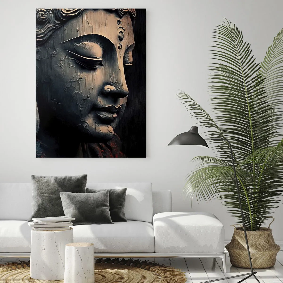 Glasbild - Bild auf glas - Buddha-Skulptur mit einer roten Lotusblüte - 70x100cm - Im Einklang mit der Welt - Moderne Wanddekoration für Wohnzimmer und Schlafzimmer ARTTOR