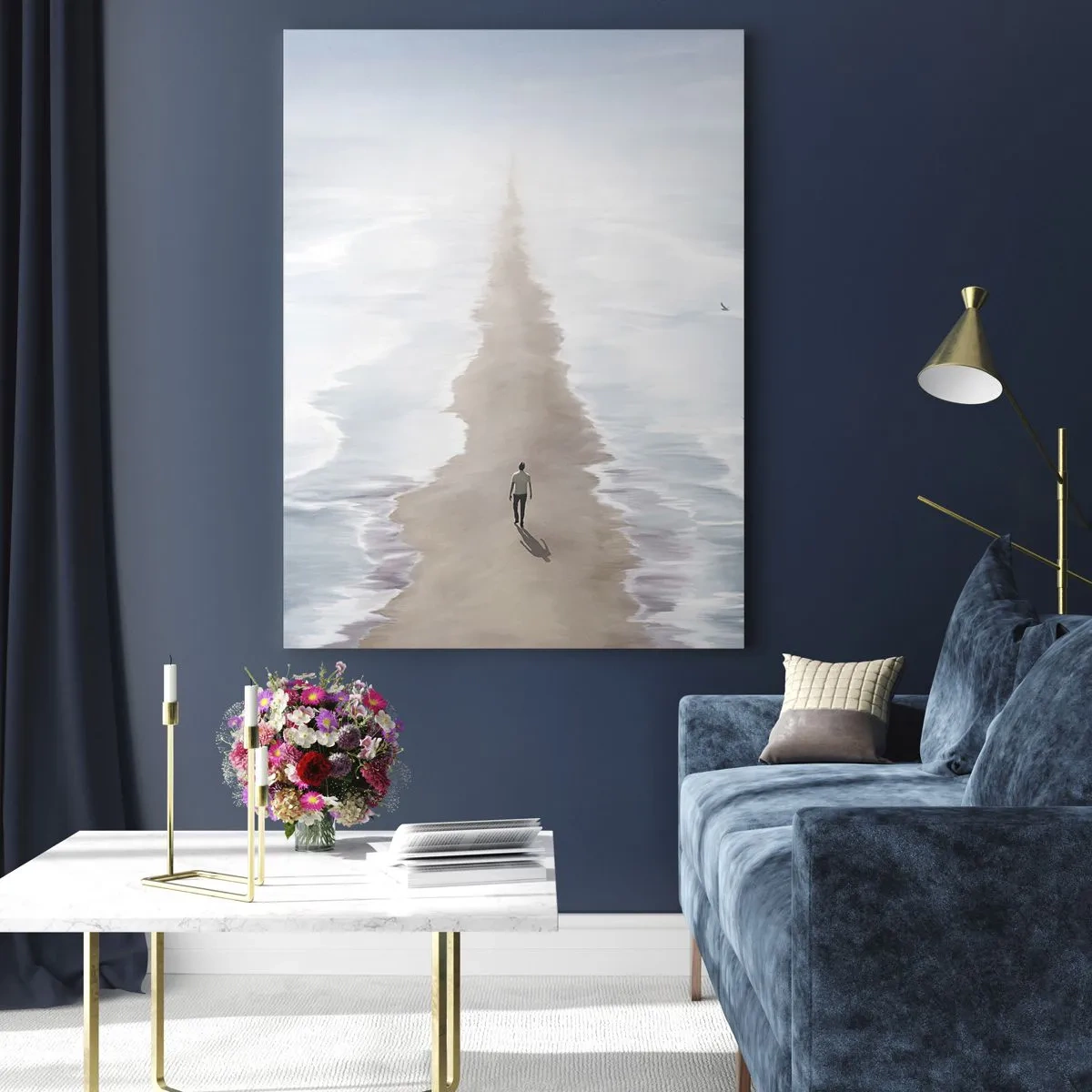 Glasbild - Bild auf glas - Eine Gestalt, die allein zwischen den Wellen zum Horizont geht - 50x70cm - Glänzende Zukunft - Moderne Wanddekoration für Wohnzimmer und Schlafzimmer ARTTOR