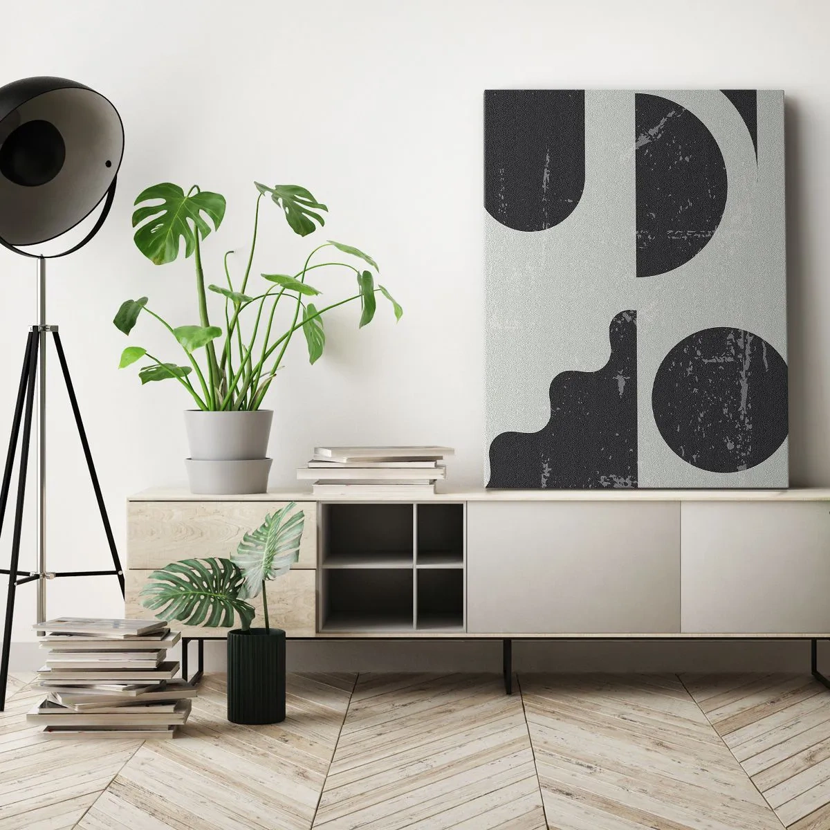 Bild auf Leinwand - Leinwandbild - Geometrische Muster in Schwarz- und Grautönen - 50x70cm - Komposition oben und unten - Moderne Wanddekoration für Wohnzimmer und Schlafzimmer ARTTOR