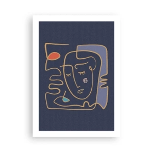 Poster - Minimalistisches abstraktes Gesicht auf marineblauem Hintergrund im Line-Art-Stil - 50x70cm - In Gedanken - Moderne Wanddekoration für Wohnzimmer und Schlafzimmer ARTTOR