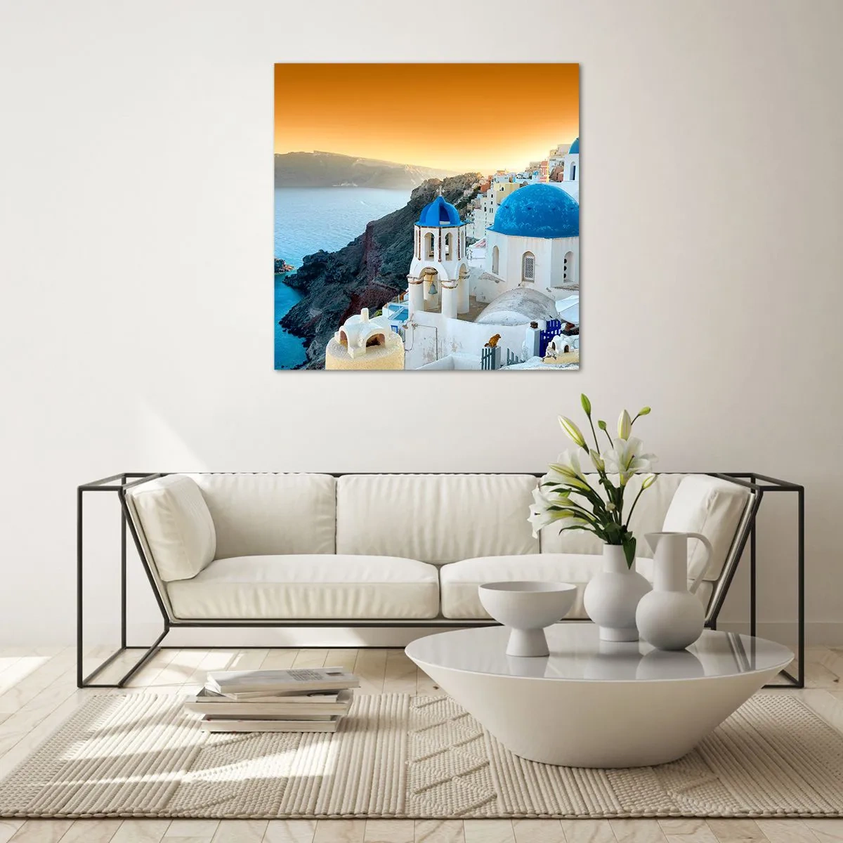 Glasbild - Bild auf glas - Santorini - an die Felsen gekuschelt - 40x40 cm