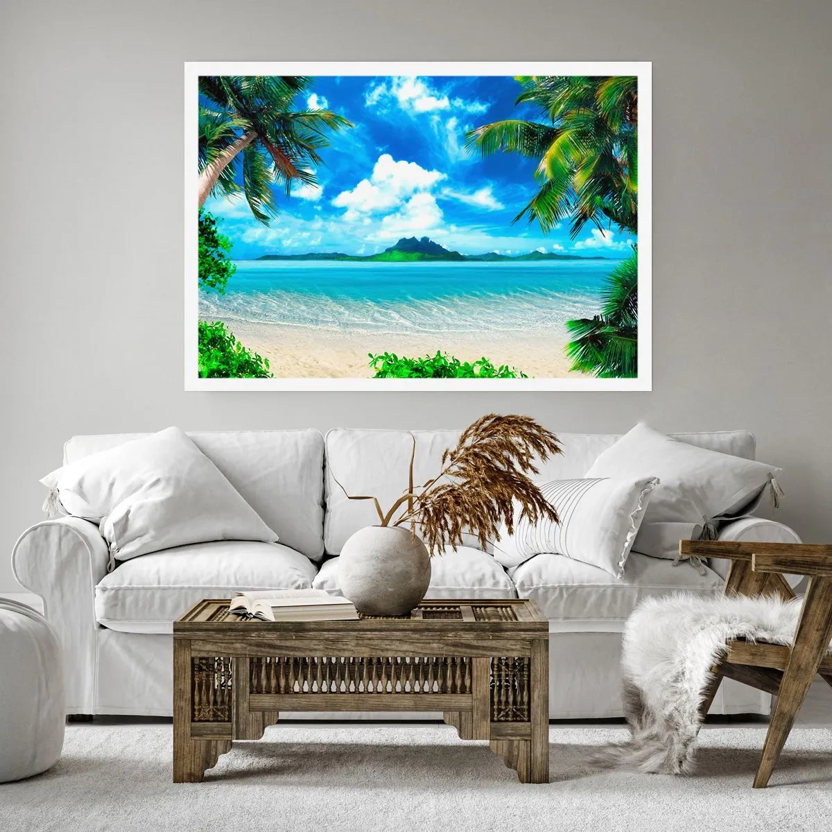 Poster - Tropischer Strand mit Palmen und Blick auf die Insel - 100x70cm - Das Azurblau der Tropen - Moderne Wanddekoration für Wohnzimmer und Schlafzimmer ARTTOR
