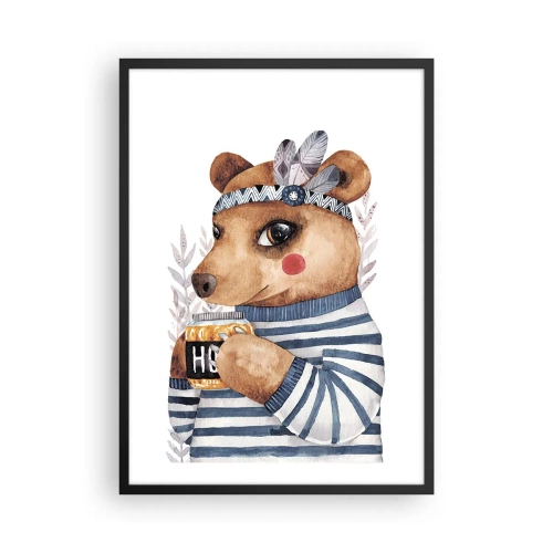 Poster in einem schwarzem Rahmen - Ein bezaubernder Teddybär in einem Matrosen-Sweatshirt mit einer Tasse in den Händen - 50x70cm - Süße Bärin - Moderne Wanddekoration für Wohnzimmer und Schlafzimmer ARTTOR