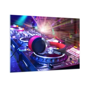 Glasbild - Bild auf glas - DJ-Equipment mit farbigen Lichtern und Kopfhörern - 100x70cm - Es wird, es wird passieren - Moderne Wanddekoration für Wohnzimmer und Schlafzimmer ARTTOR