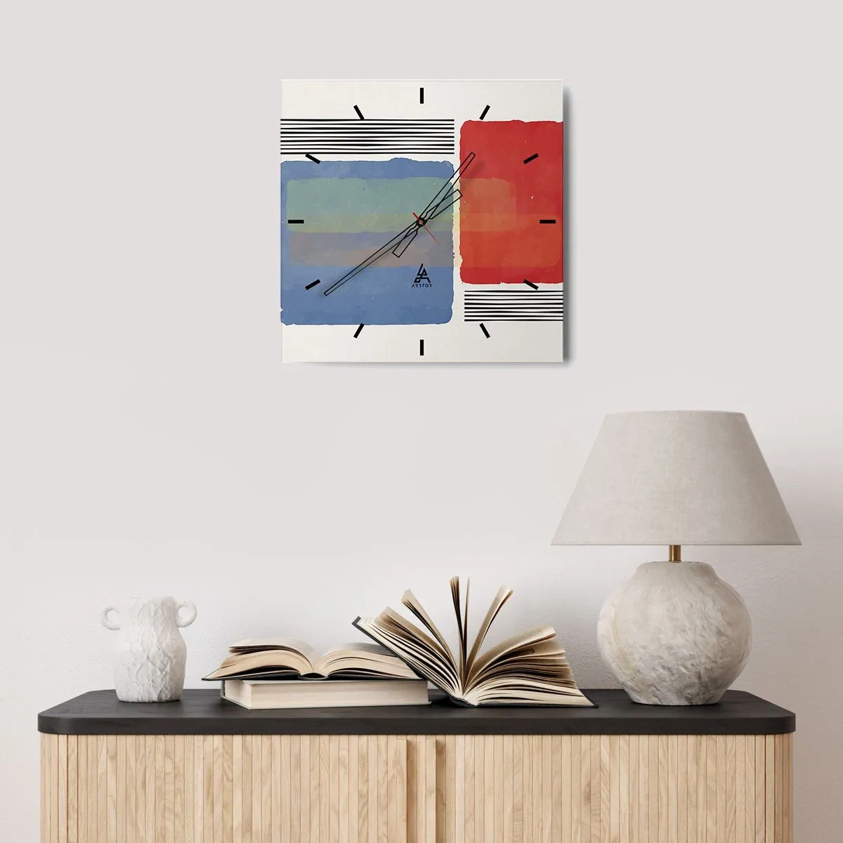 Wanduhr - Glasuhr - Geometrische Komposition mit farbigen Blöcken und Linien - 30x30cm - Der Geist und der Buchstabe der Geometrie - Moderne Wanddekoration für Wohnzimmer und Schlafzimmer ARTTOR