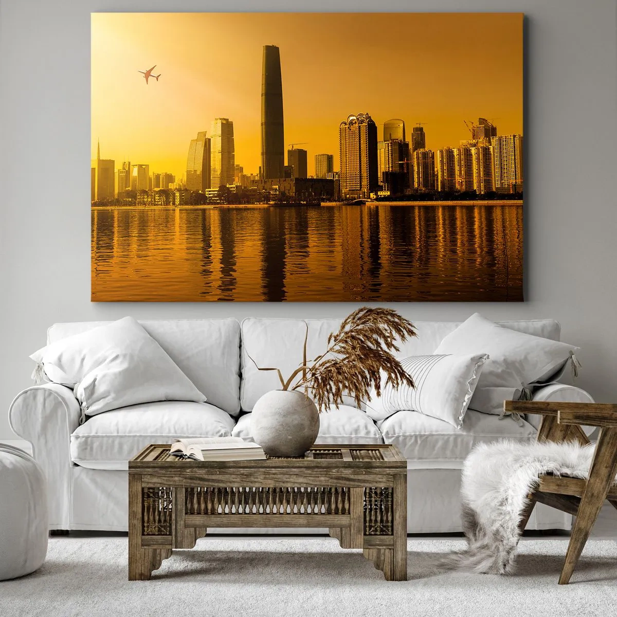 Bild auf Leinwand - Leinwandbild - Stadtpanorama bei Sonnenuntergang mit Wolkenkratzern und einem Flugzeug - 120x80cm - Die goldene Stadt - Moderne Wanddekoration für Wohnzimmer und Schlafzimmer ARTTOR