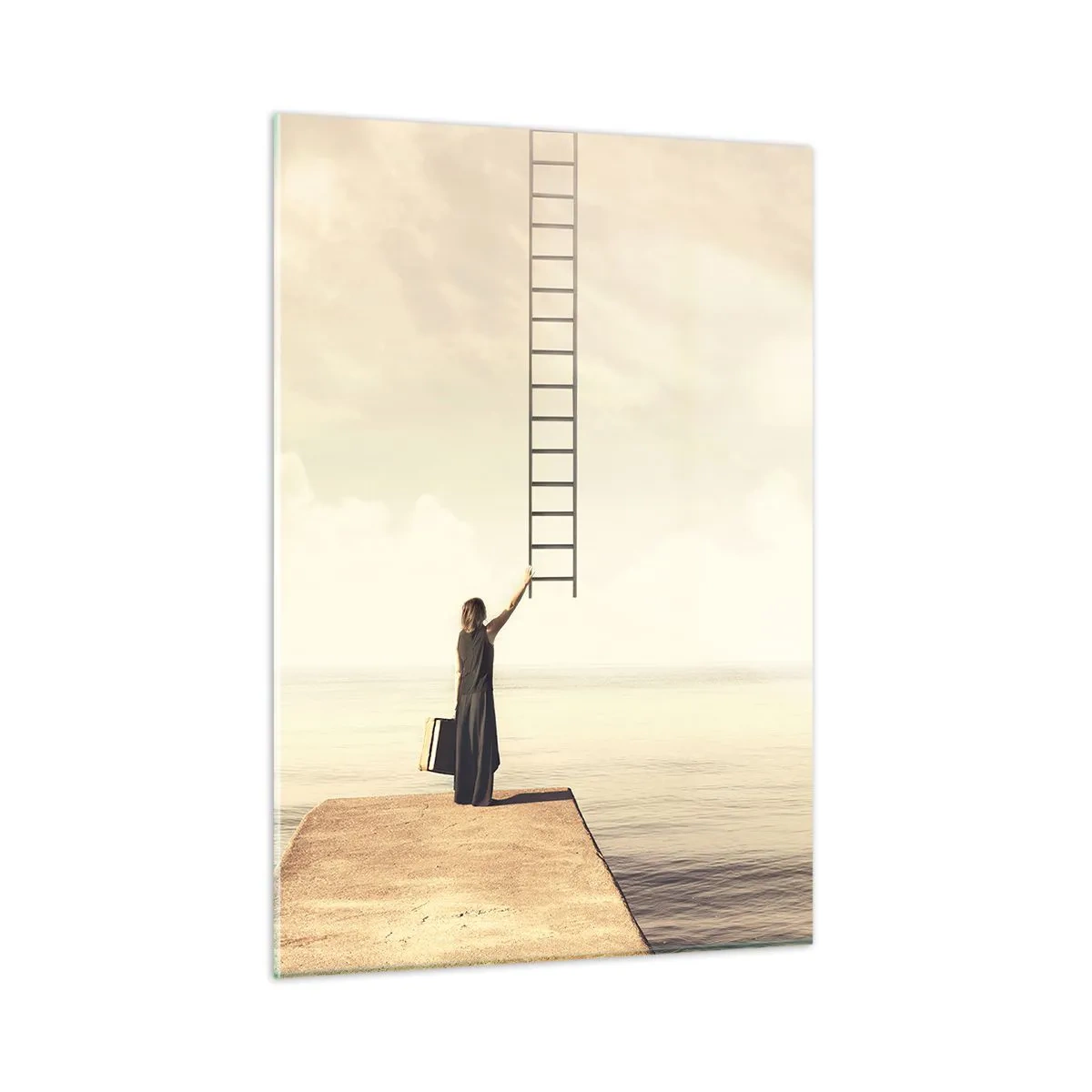 Glasbild - Bild auf glas - Frau auf einem Pier mit einer Leiter, die in den Himmel führt - 50x70cm - Eine magische Reise - Moderne Wanddekoration für Wohnzimmer und Schlafzimmer ARTTOR