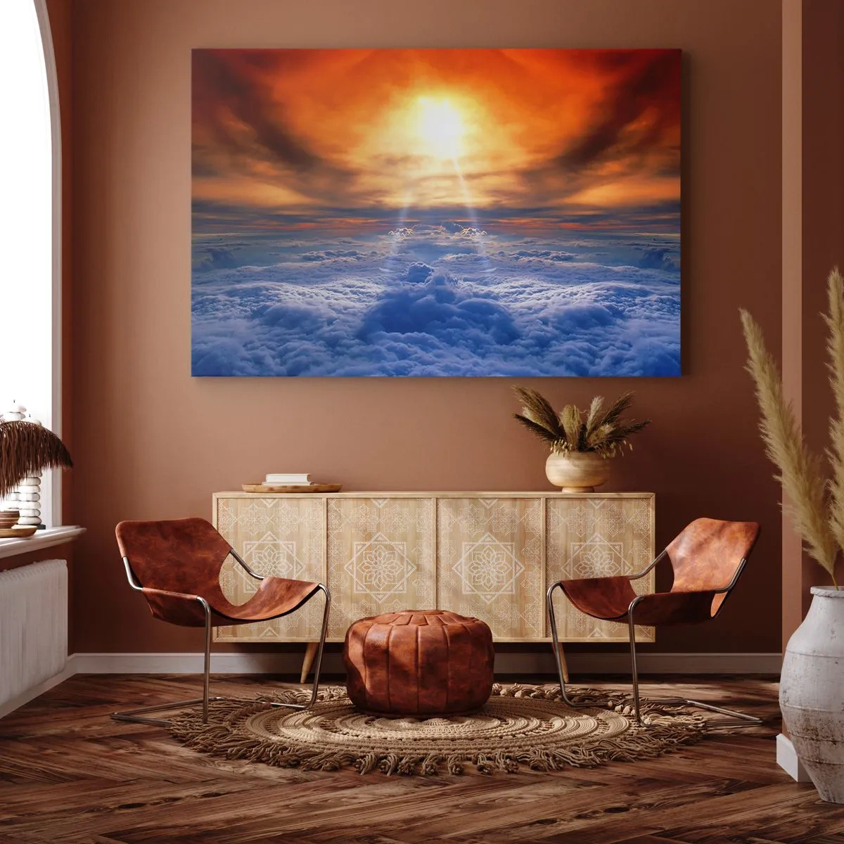 Bild auf Leinwand - Leinwandbild - Sonnenuntergang über den Wolken, der Himmel voller goldener Farben und Licht. - 120x80cm - Mystische Landschaft - Moderne Wanddekoration für Wohnzimmer und Schlafzimmer ARTTOR