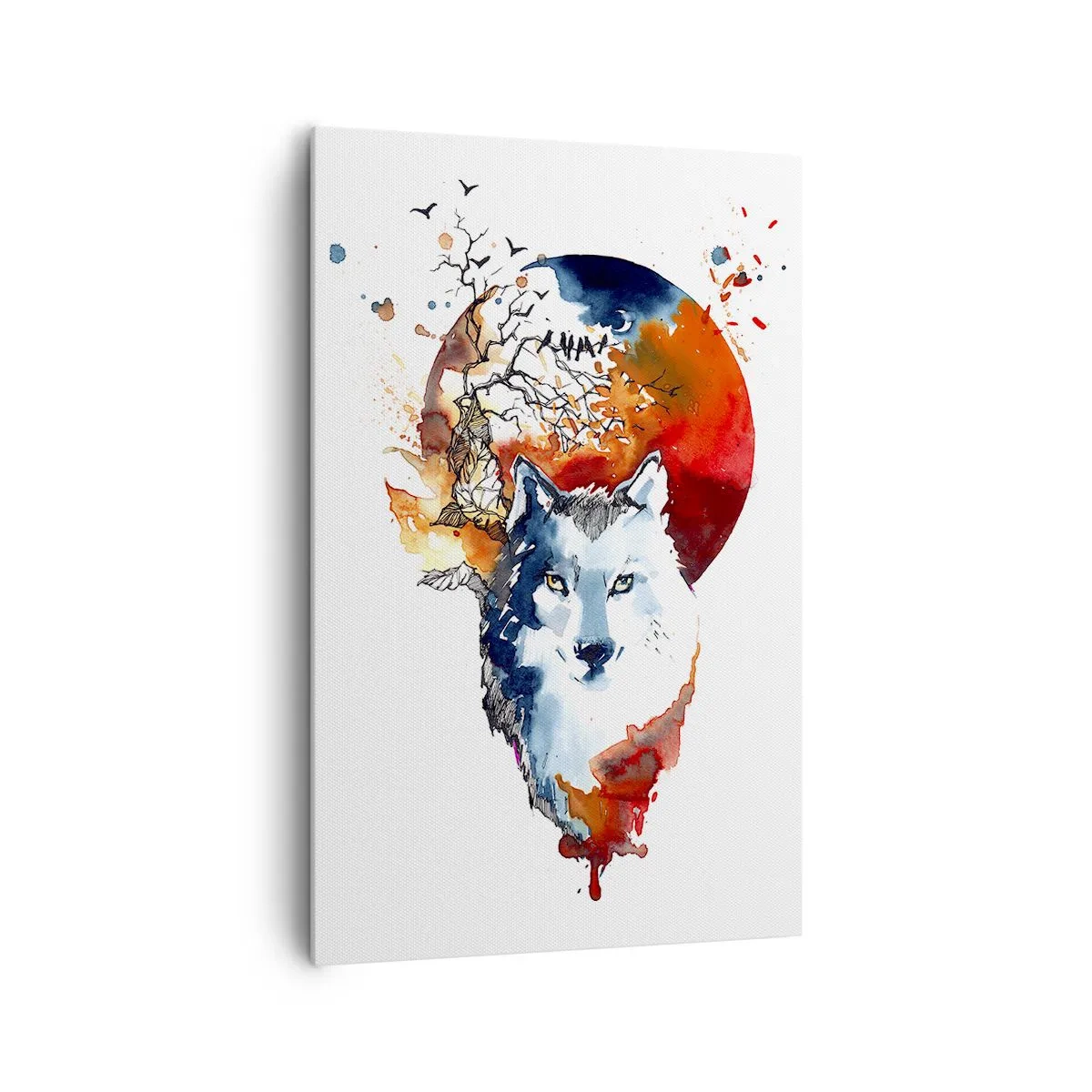 Bild auf Leinwand - Leinwandbild - Abstraktes Aquarell eines Wolfes vor einem roten Mond - 80x120cm - Nase an Nase mit der Nacht - Moderne Wanddekoration für Wohnzimmer und Schlafzimmer ARTTOR