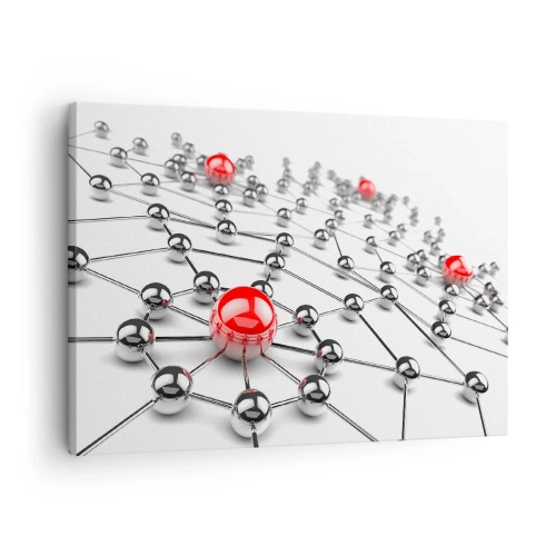 Bild auf Leinwand - Leinwandbild - Ein Netzwerk aus metallischen Kugeln mit roten Akzenten - 70x50cm - Silbriges Netz - Moderne Wanddekoration für Wohnzimmer und Schlafzimmer ARTTOR