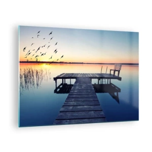 Glasbild - Bild auf glas - Ein Pier am See mit Blick auf den Sonnenuntergang und Vögel im Flug - 70x50cm - Das war ein guter Tag - Moderne Wanddekoration für Wohnzimmer und Schlafzimmer ARTTOR