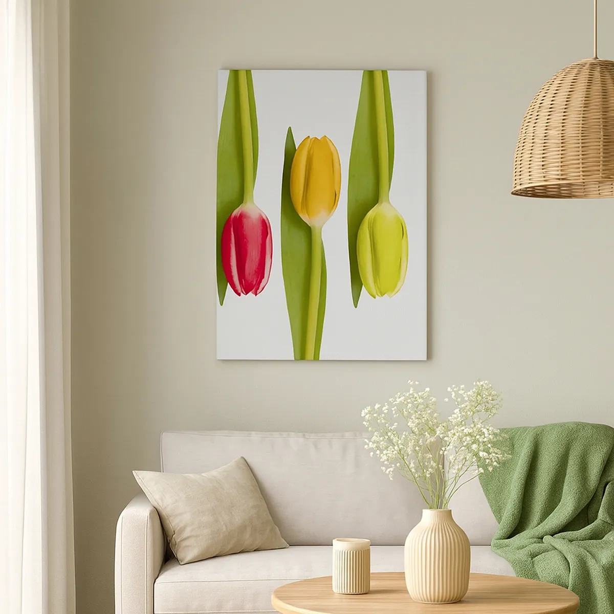 Bild auf Leinwand - Leinwandbild - Bunte Tulpen in einer Reihe auf weißem Hintergrund angeordnet - 50x70cm - Regenbogenkomposition - Moderne Wanddekoration für Wohnzimmer und Schlafzimmer ARTTOR