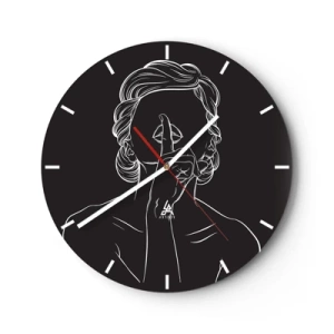 Wanduhr - Glasuhr - Der weiße Umriss einer Frau mit dem Finger vor dem Mund auf schwarzem Hintergrund. - 30x30cm - Schönheit erblüht in der Stille - Moderne Wanddekoration für Wohnzimmer, Küche und Schlafzimmer ARTTOR