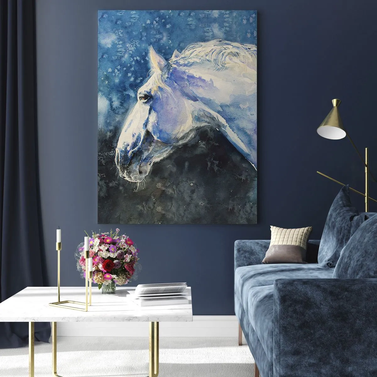 Glasbild - Bild auf glas - Aquarellporträt eines Pferdes in Blautönen - 50x70cm - Porträt in blauem Glanz - Moderne Wanddekoration für Wohnzimmer und Schlafzimmer ARTTOR