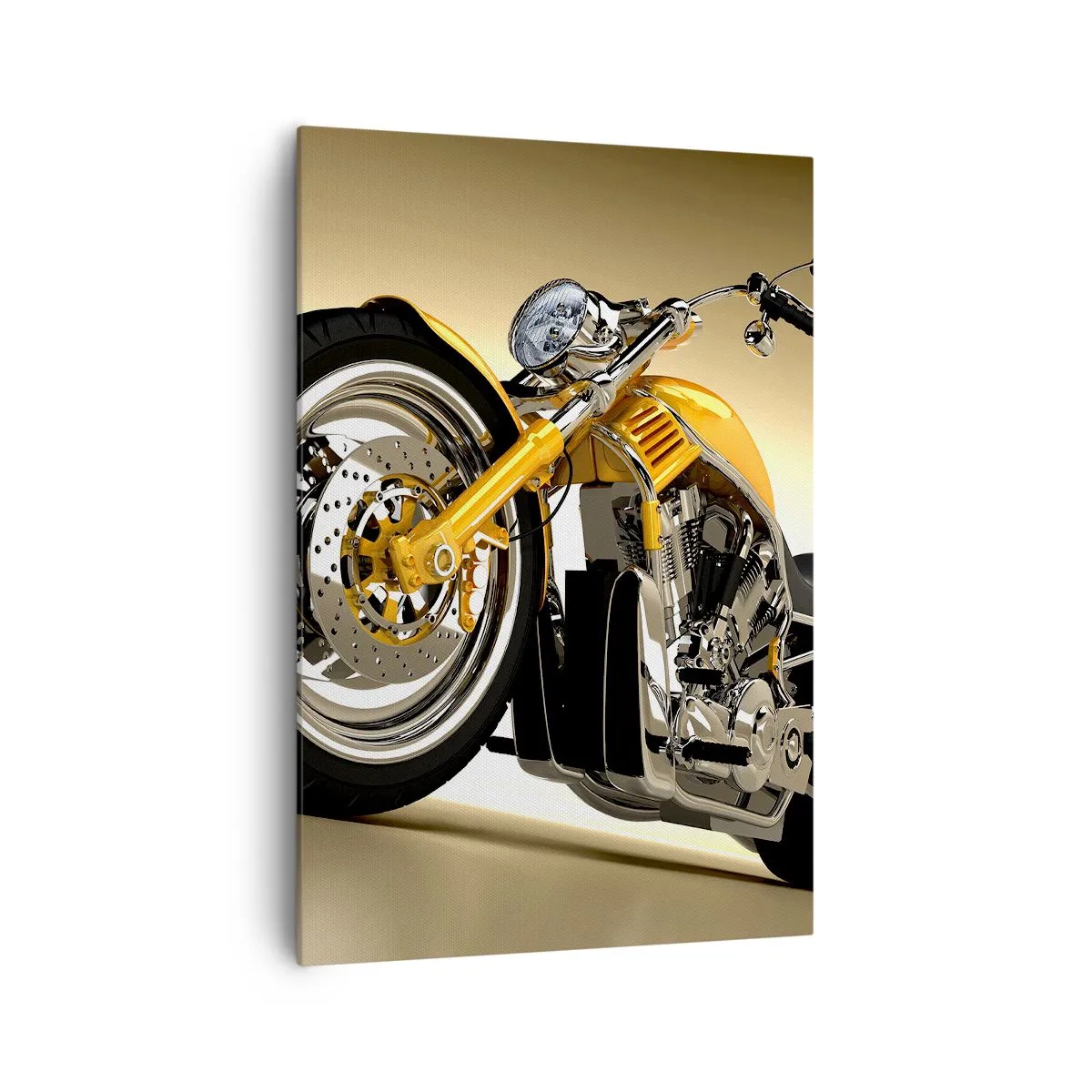Bild auf Leinwand - Leinwandbild - Ein gelbes Motorrad im Chopper-Stil vor einer beigen Wand - 70x100cm - Ein Traum von Kraft und Geschwindigkeit - Moderne Wanddekoration für Wohnzimmer und Schlafzimmer ARTTOR