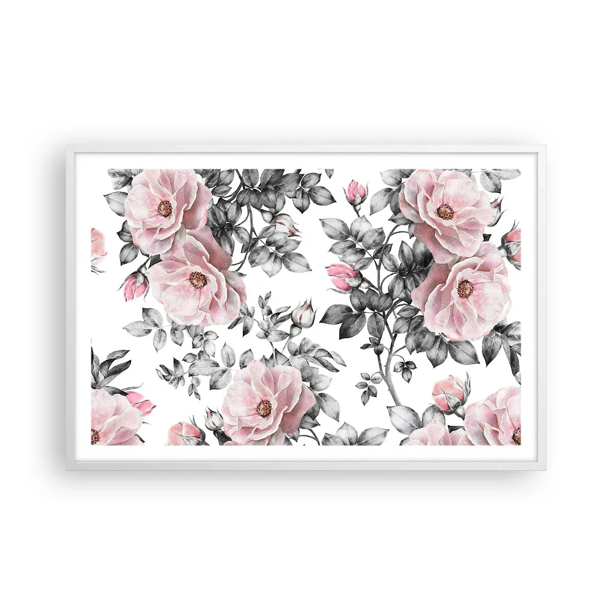 Poster in einem weißen Rahmen - Verliere dich in den Blüten der Rosen - 91x61 cm