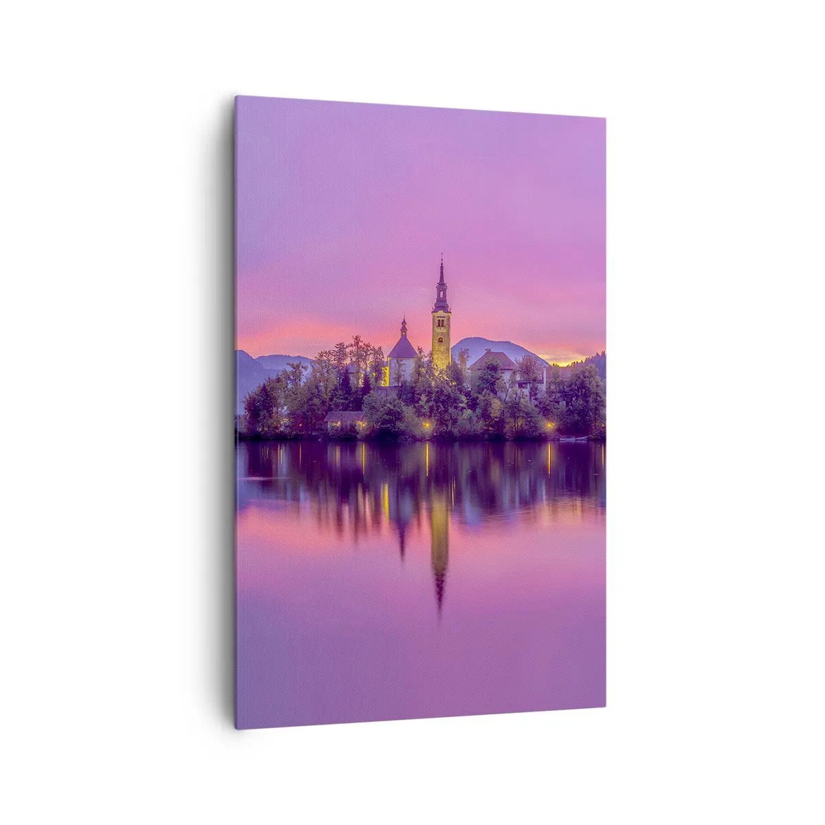 Bild auf Leinwand - Leinwandbild - See mit einer Insel und einer Kirche bei Sonnenuntergang - 80x120cm - Eine märchenhafte Insel in der Abenddämmerung - Moderne Wanddekoration für Wohnzimmer und Schlafzimmer ARTTOR