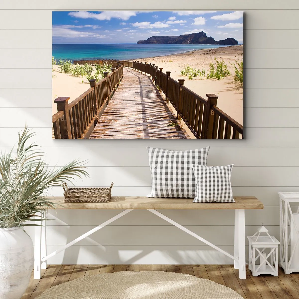 Bild auf Leinwand - Leinwandbild - Holzweg zum Strand mit Meerblick - 100x70cm - Bring mich zu den glücklichen Inseln - Moderne Wanddekoration für Wohnzimmer und Schlafzimmer ARTTOR