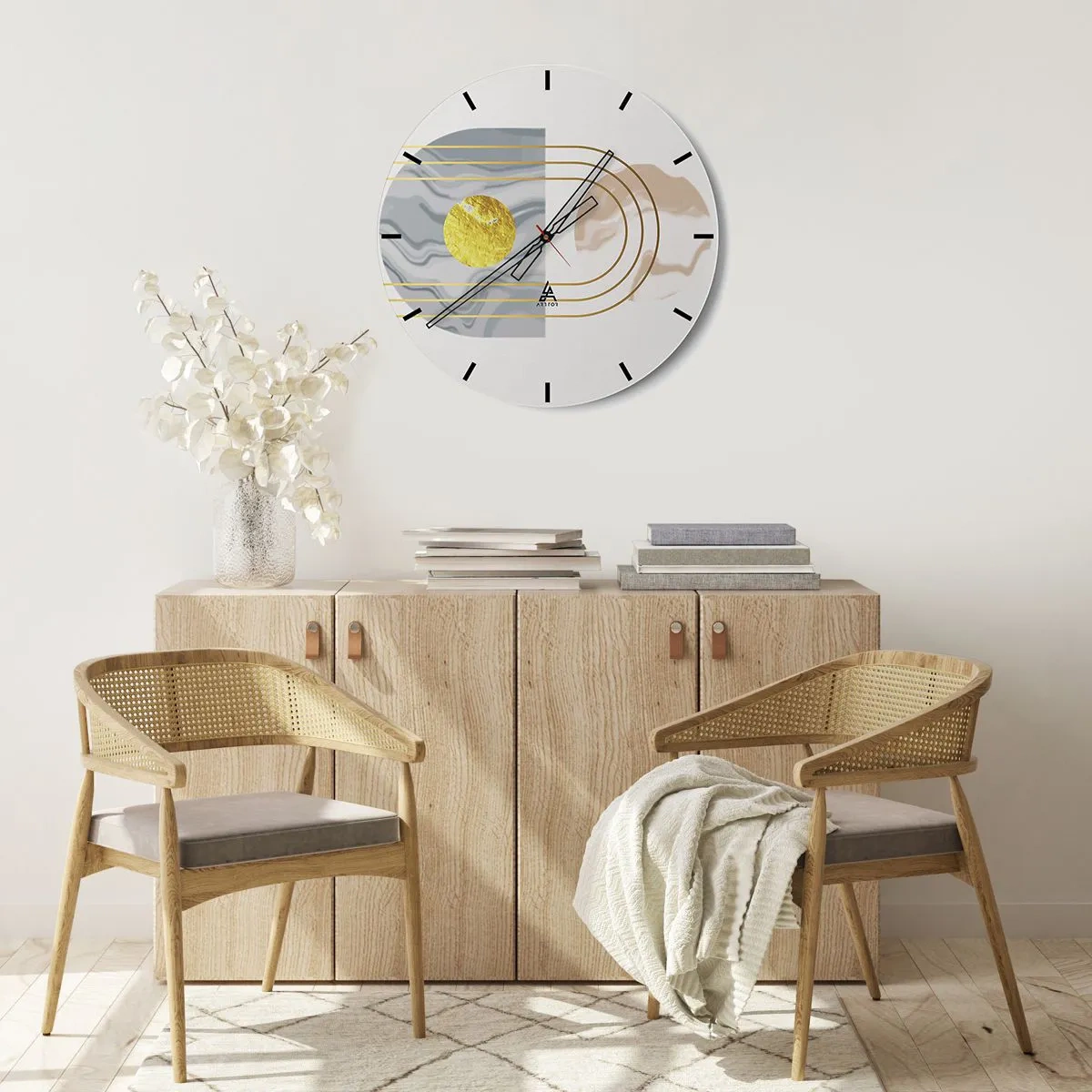 Wanduhr - Glasuhr - Goldene Linien und ein Kreis auf hellem Hintergrund mit geometrischem Muster - 30x30cm - Helligkeit und Brillanz - Moderne Wanddekoration für Wohnzimmer, Küche und Schlafzimmer ARTTOR