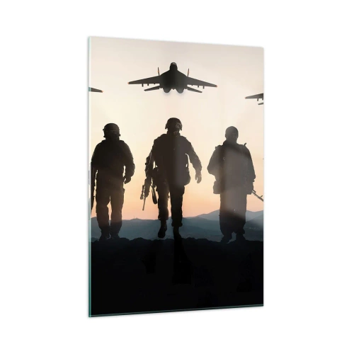 Glasbild - Bild auf glas - Soldaten vor der Kulisse der untergehenden Sonne und Jets - 50x70cm - Willkommen in unserer Welt - Moderne Wanddekoration für Wohnzimmer und Schlafzimmer ARTTOR