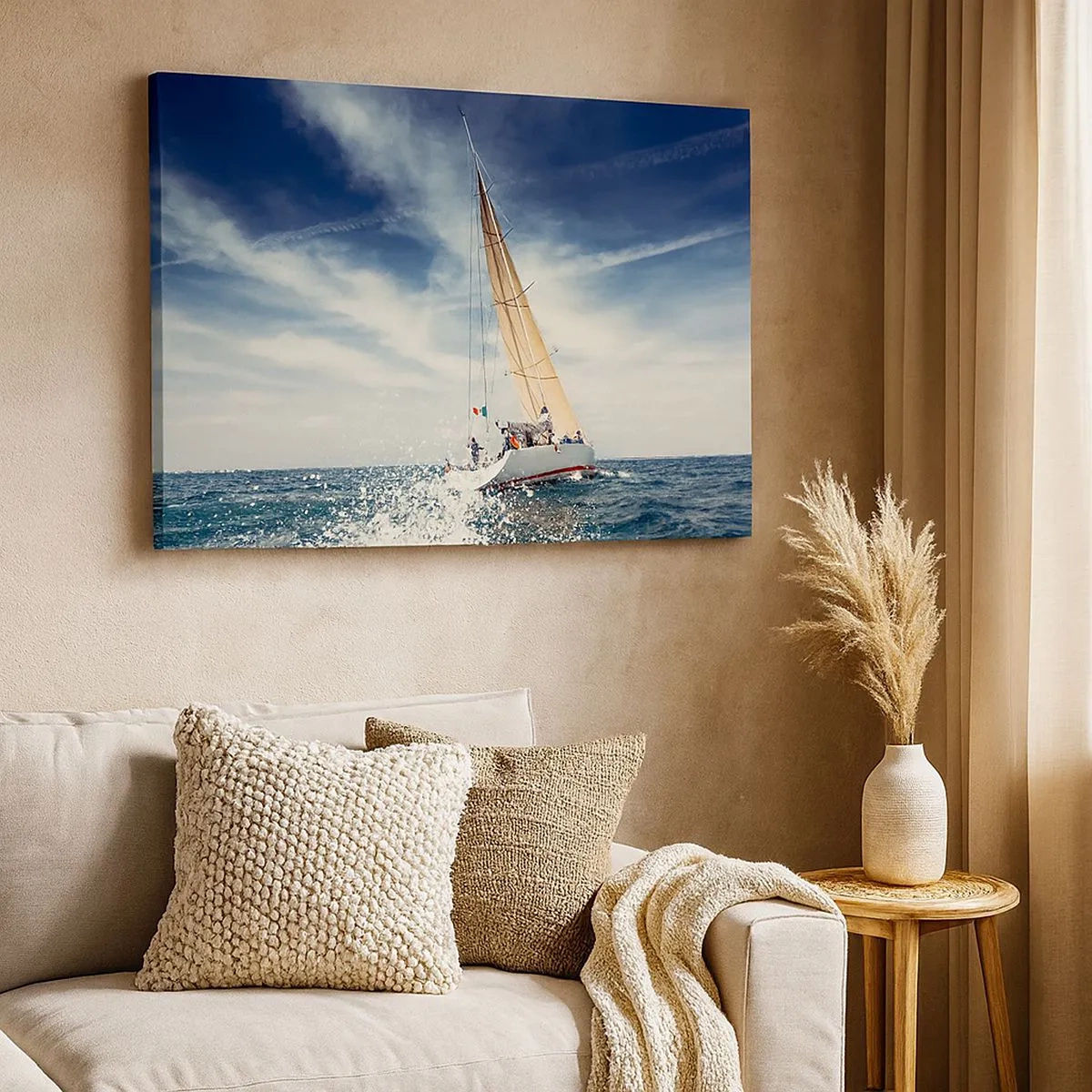 Bild auf Leinwand - Leinwandbild - Ein Segelboot auf stürmischer See unter blauem Himmel - 70x50cm - Sie werden uns nicht einholen! - Moderne Wanddekoration für Wohnzimmer und Schlafzimmer ARTTOR