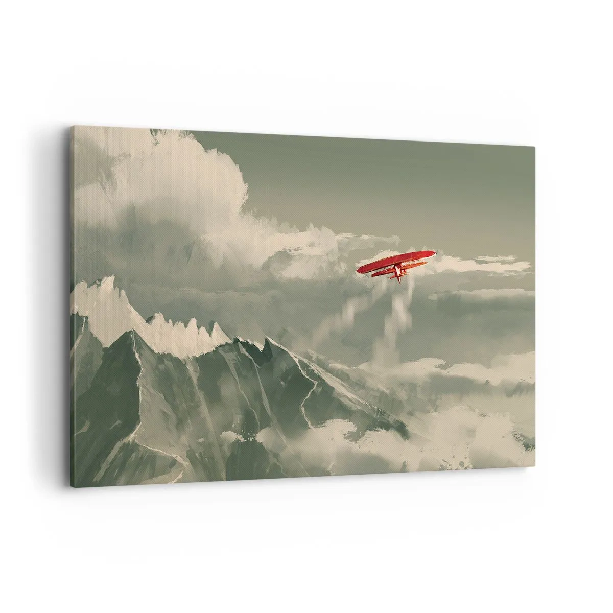 Bild auf Leinwand - Leinwandbild - Rotes Flugzeug über schneebedeckten Bergen - 100x70cm - Furchtloser Pionier - Moderne Wanddekoration für Wohnzimmer und Schlafzimmer ARTTOR