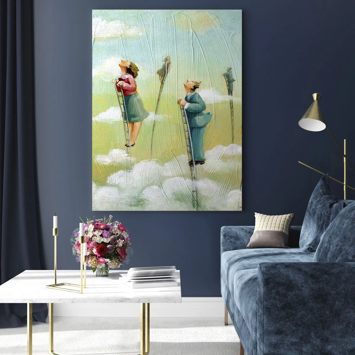 Glasbild - Bild auf glas - Figuren, die auf pastellfarbenem Hintergrund zwischen Wolken Leitern hochklettern. - 80x120cm - Hinter deinem Traum - Moderne Wanddekoration für Wohnzimmer und Schlafzimmer ARTTOR