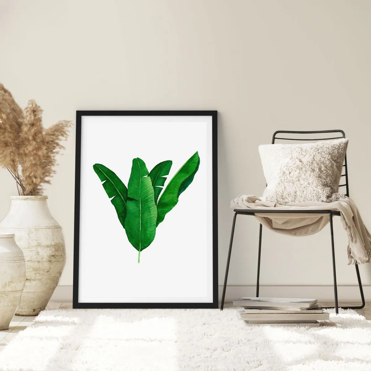 Poster in einem schwarzem Rahmen - Aquarellillustration symmetrisch angeordneter Bananenblätter auf weißem Hintergrund. - 50x70cm - Grüne Symmetrie - Moderne Wanddekoration für Wohnzimmer und Schlafzimmer ARTTOR
