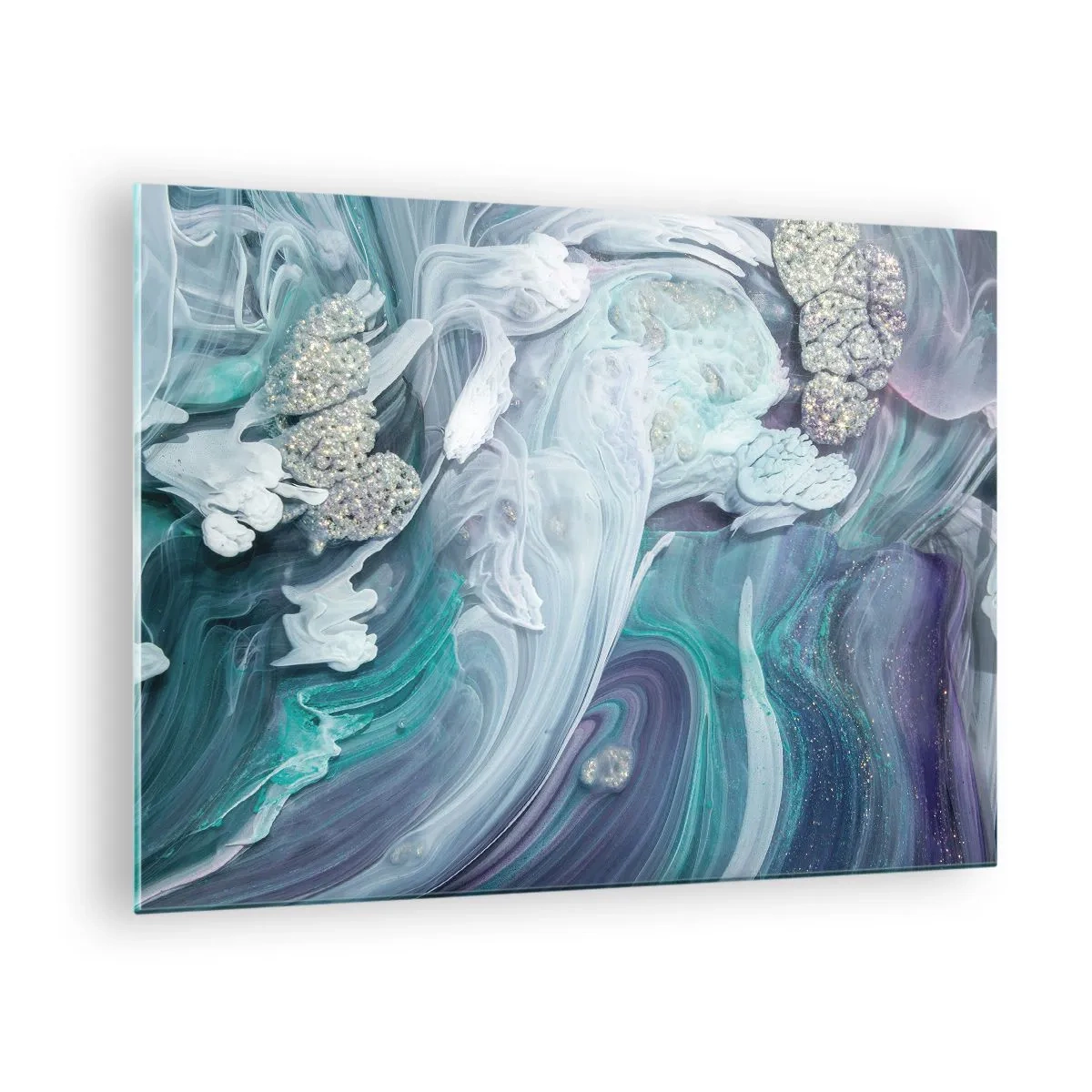 Glasbild - Bild auf glas - Eine abstrakte Komposition in Blau-, Lila- und Weißtönen. - 70x50cm - Strömungen von Himmelblau - Moderne Wanddekoration für Wohnzimmer und Schlafzimmer ARTTOR
