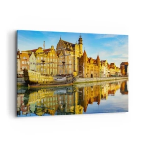 Bild auf Leinwand - Leinwandbild - Ein malerischer Blick auf die Altstadt mit einem Segelschiff und Wasser - 100x70cm - Ein Spiegelbild der Vergangenheit - Moderne Wanddekoration für Wohnzimmer und Schlafzimmer ARTTOR
