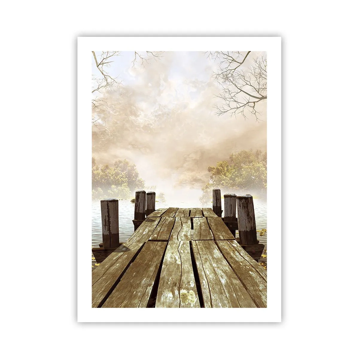Poster - Ein alter Holzsteg über einem See in nebliger Umgebung - 50x70cm - Die milde Traurigkeit des Herbstes - Moderne Wanddekoration für Wohnzimmer und Schlafzimmer ARTTOR