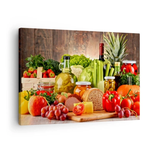 Bild auf Leinwand - Leinwandbild - Buntes Obst, Gemüse und Lebensmittel - 70x50cm - Geräuchert, gebacken und eingelegt - Moderne Wanddekoration für Wohnzimmer und Schlafzimmer ARTTOR