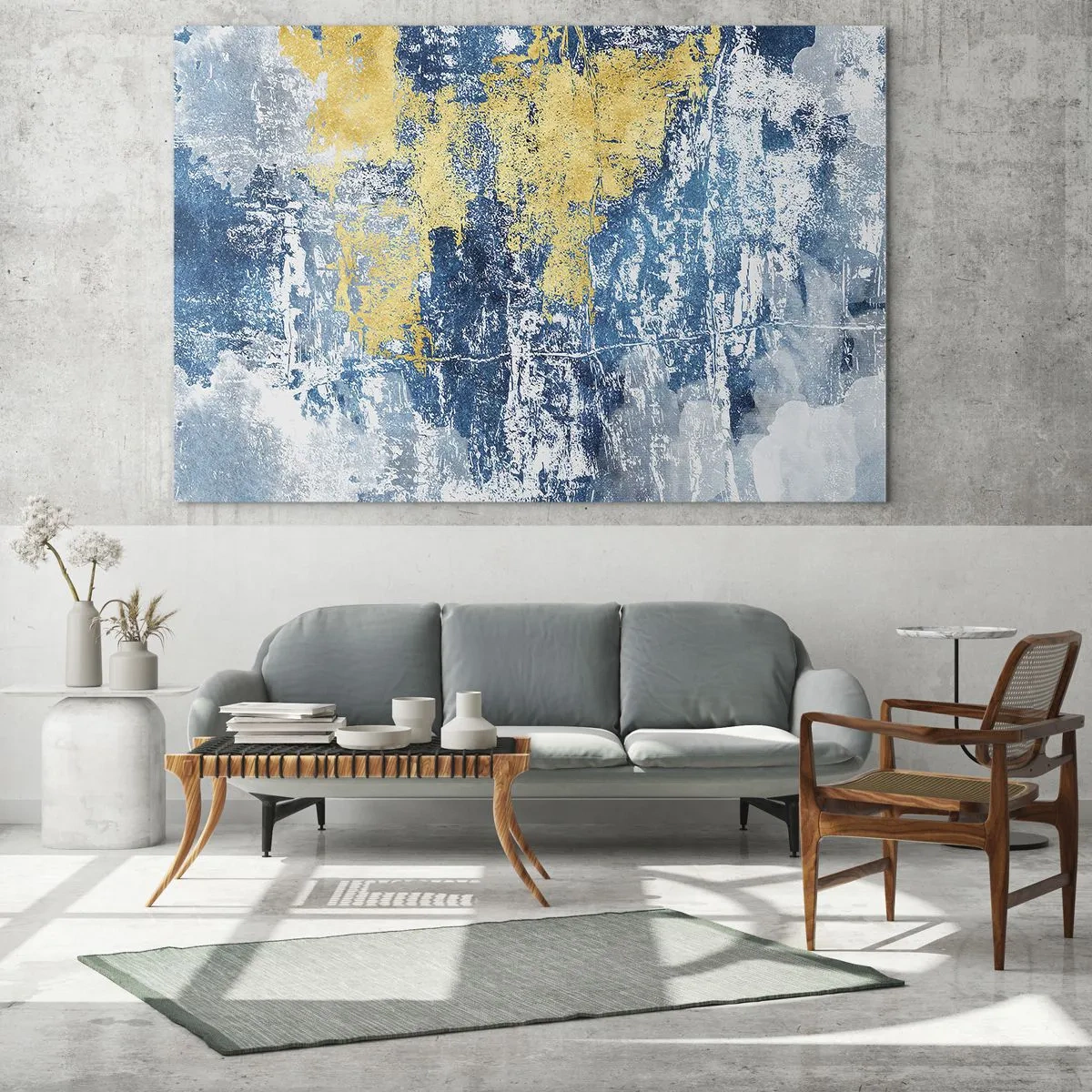 Glasbild - Bild auf glas - Blaue und gelbe Abstraktion mit einem Distressed- und Struktureffekt - 100x70cm - Abstraktion voller Wetter - Moderne Wanddekoration für Wohnzimmer und Schlafzimmer ARTTOR