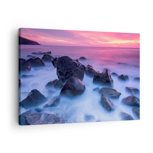 Bild auf Leinwand - Leinwandbild - Felsige Küste bei Sonnenuntergang - 70x50cm - Geburt bei Licht und Nebel - Moderne Wanddekoration für Wohnzimmer und Schlafzimmer ARTTOR