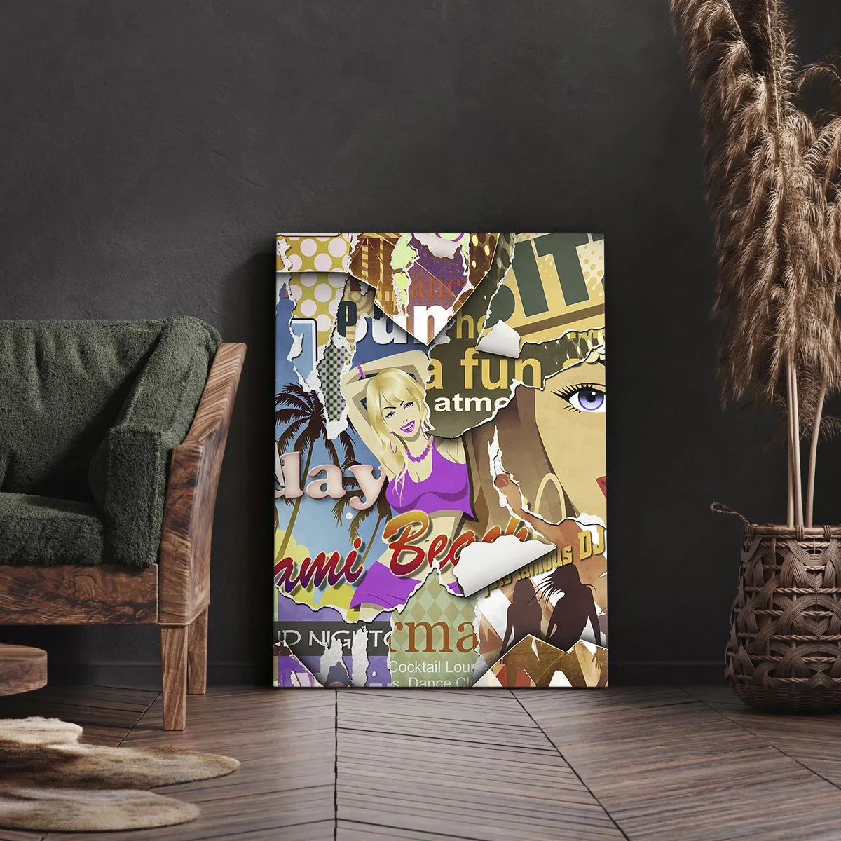 Bild auf Leinwand - Leinwandbild - Eine farbenfrohe Collage mit Retro- und Pop-Art-Elementen. - 70x100cm - Sommer Rückblicke - Moderne Wanddekoration für Wohnzimmer und Schlafzimmer ARTTOR