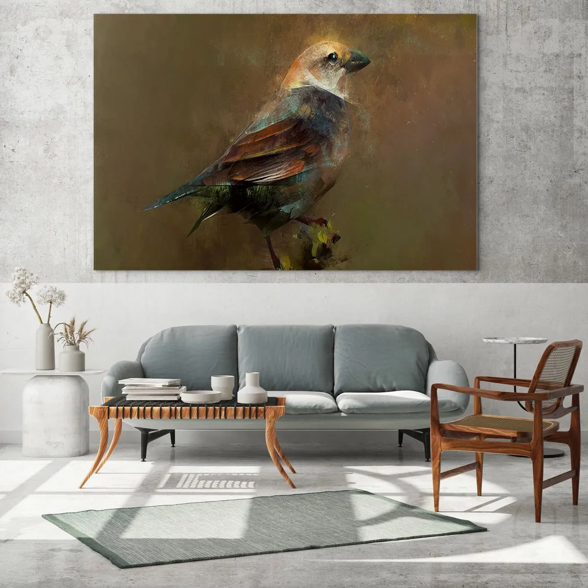 Glasbild - Bild auf glas - Ein Spatz in künstlerischem, malerischem Stil vor neutralem Hintergrund - 120x80cm - Ein Spatz, ein kleines Vögelchen - Moderne Wanddekoration für Wohnzimmer und Schlafzimmer ARTTOR