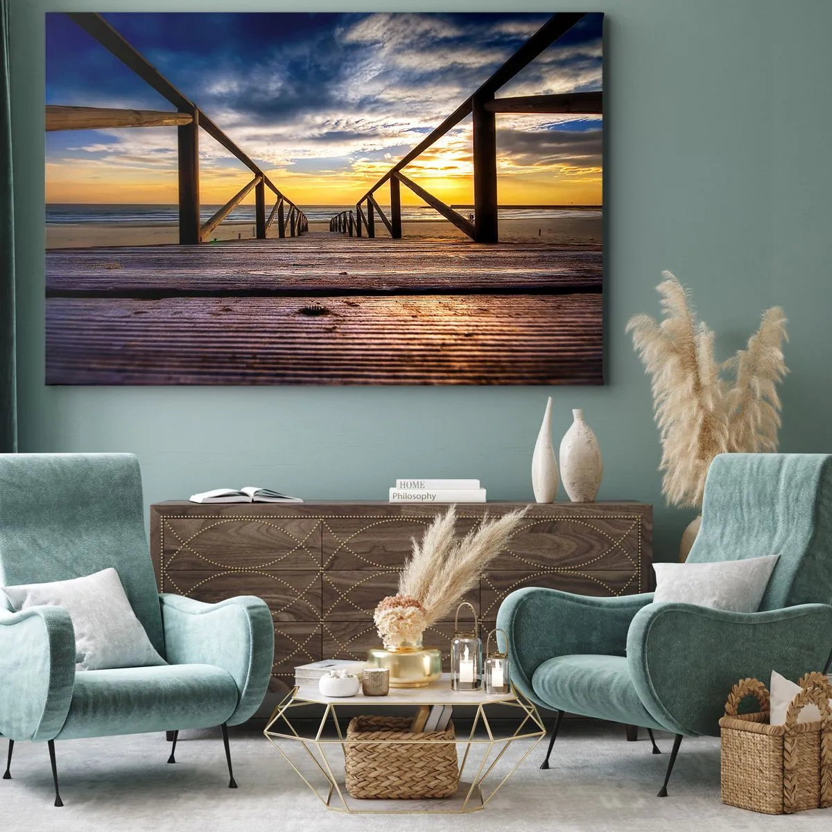 Bild auf Leinwand - Leinwandbild - Holzsteg zum Strand bei Sonnenuntergang - 70x50cm - Direkt zum ruhigen Strand bei Sonnenuntergang - Moderne Wanddekoration für Wohnzimmer und Schlafzimmer ARTTOR
