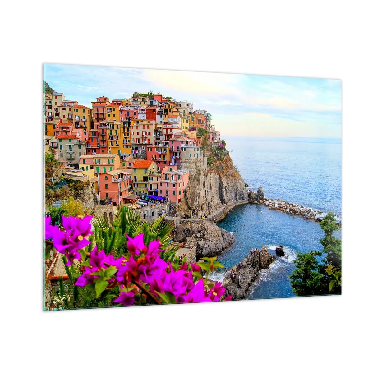 Glasbild - Bild auf glas - Bunte Häuser auf einer Klippe mit Blick auf das Meer - 100x70cm - Lachende Stadt - Moderne Wanddekoration für Wohnzimmer und Schlafzimmer ARTTOR
