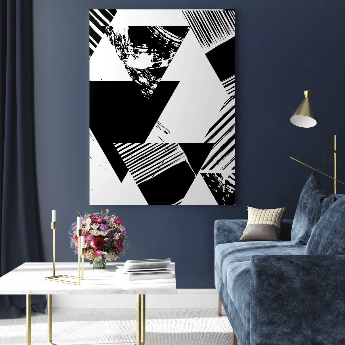 Glasbild - Bild auf glas - Geometrische Muster in minimalistischer Schwarz-Weiß-Form - 70x100cm - Regen von Dreiecken - Moderne Wanddekoration für Wohnzimmer und Schlafzimmer ARTTOR