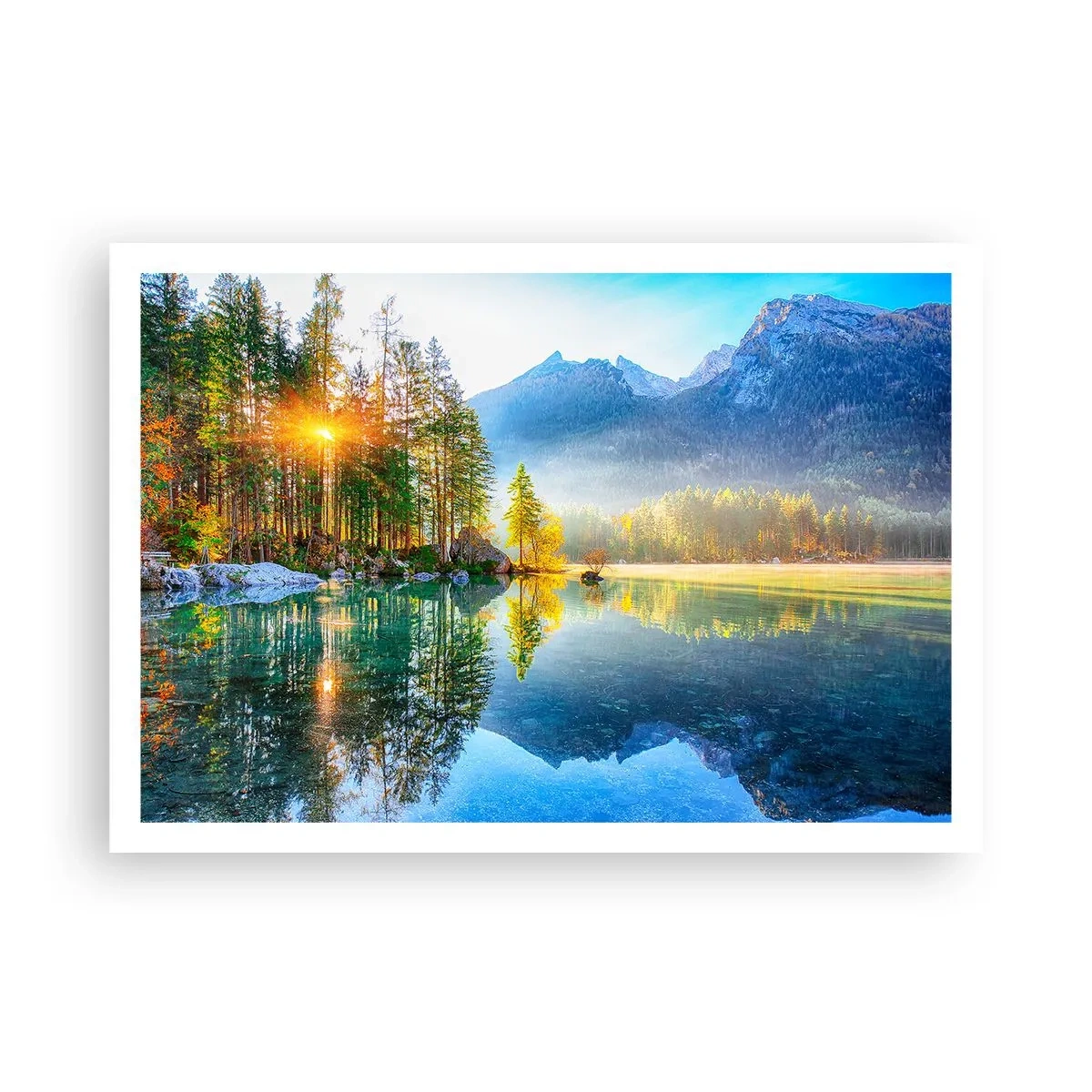 Poster - Ein See, umgeben von Bergen und Wäldern in den Strahlen der Sonne - 100x70cm - Majestät und Süße - Moderne Wanddekoration für Wohnzimmer und Schlafzimmer ARTTOR